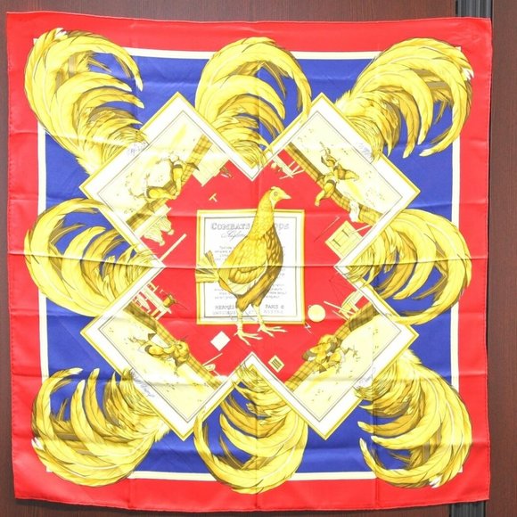 Authentic HERMES Carre 90 Scarf "COMBATS DE COQS" Silk Red Blue - Picture 1 of 16